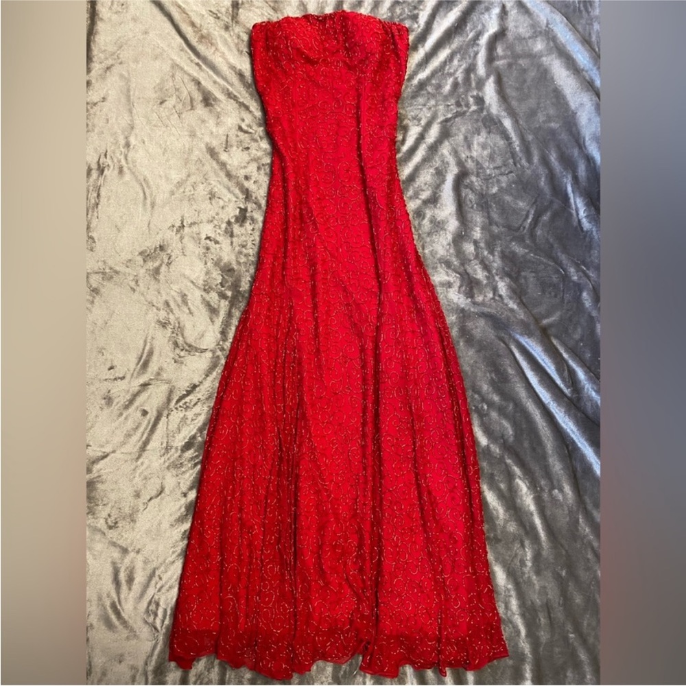 Vintage 90’s 100% Silk Beaded Dress Silk Dress Slip Strapless Prom Red Gown Maxi